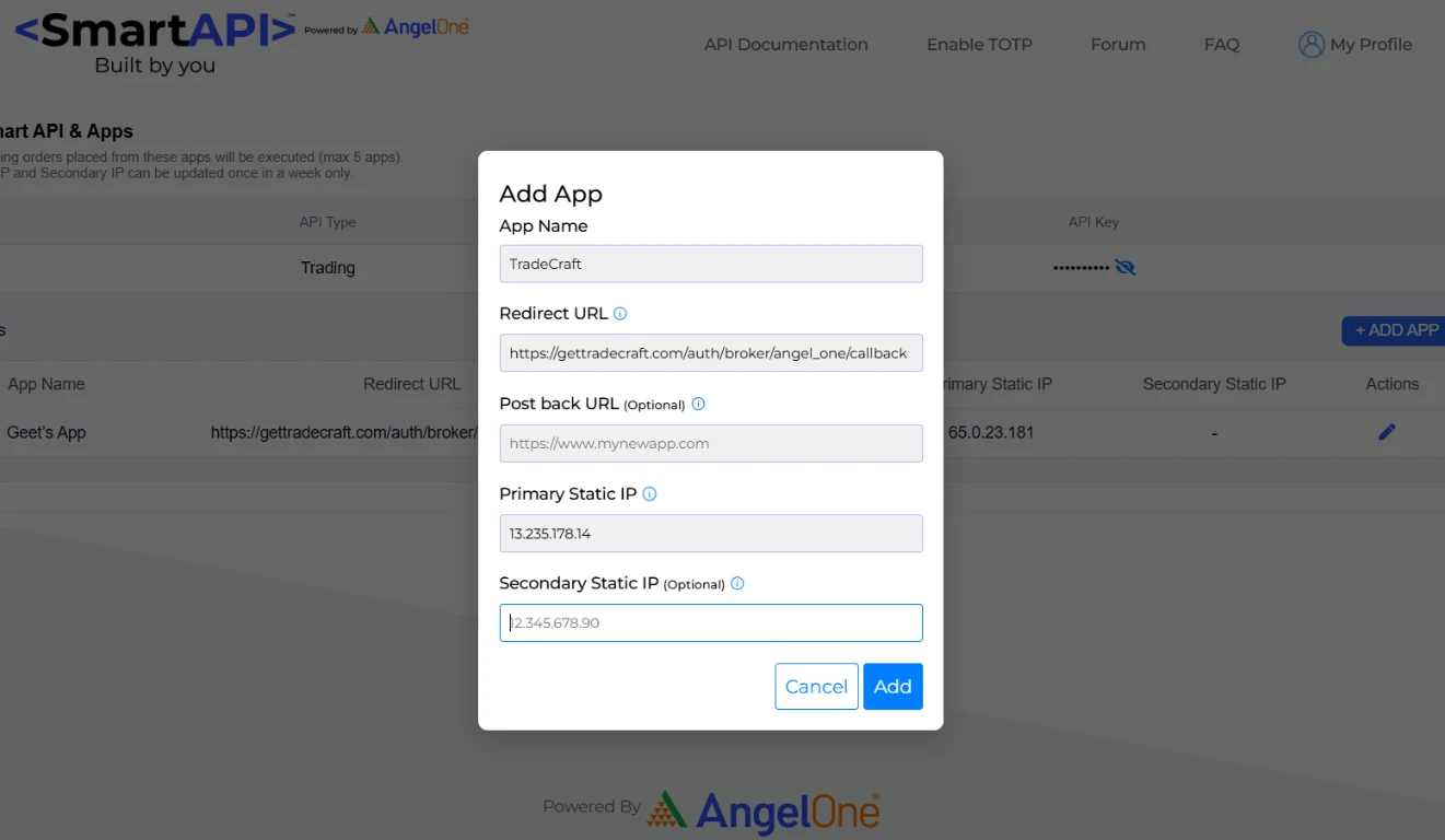 SmartAPI Add App form with App Name, Redirect URL and Primary Static IP filled in
