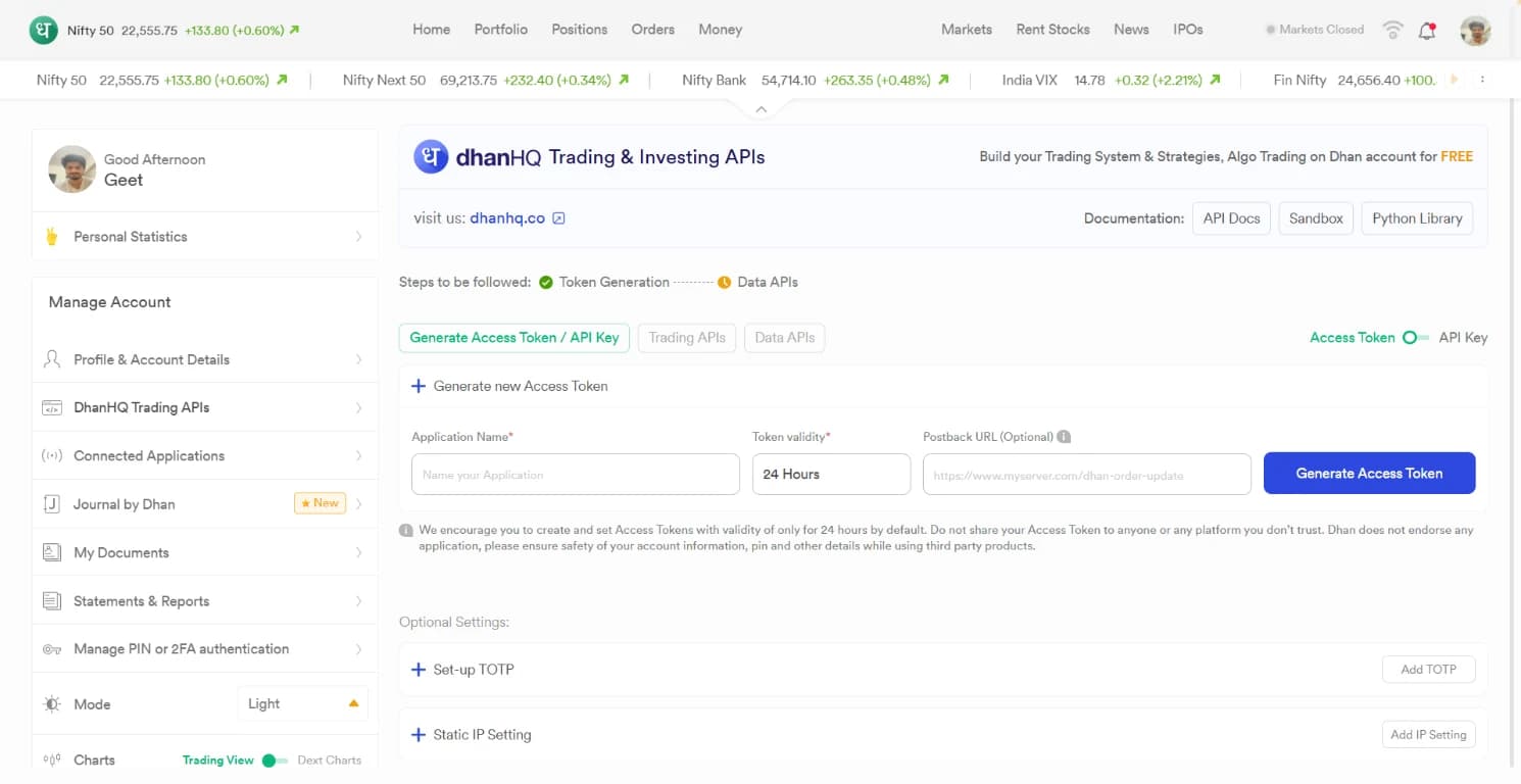 Dhan Web profile menu with Get Trading & Data APIs highlighted