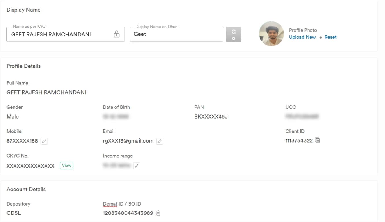 Dhan profile page with the Client ID highlighted, other details blurred