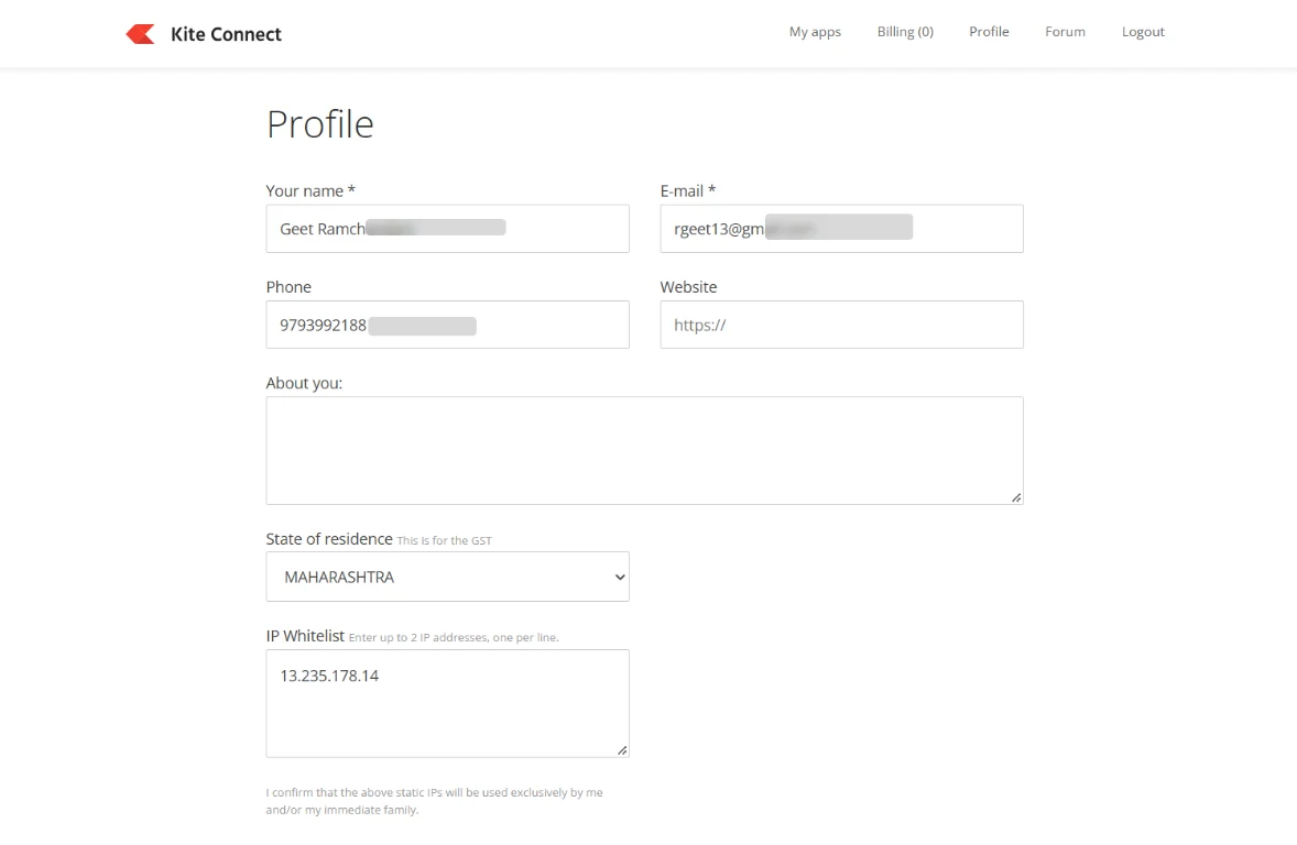Kite developer console profile page with the IP Whitelist section highlighted