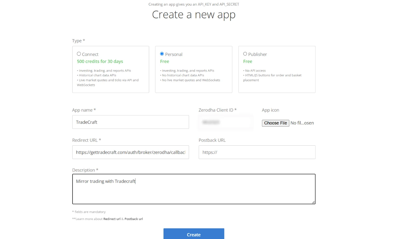 Kite Connect create app form with Personal selected and the Redirect URL filled in