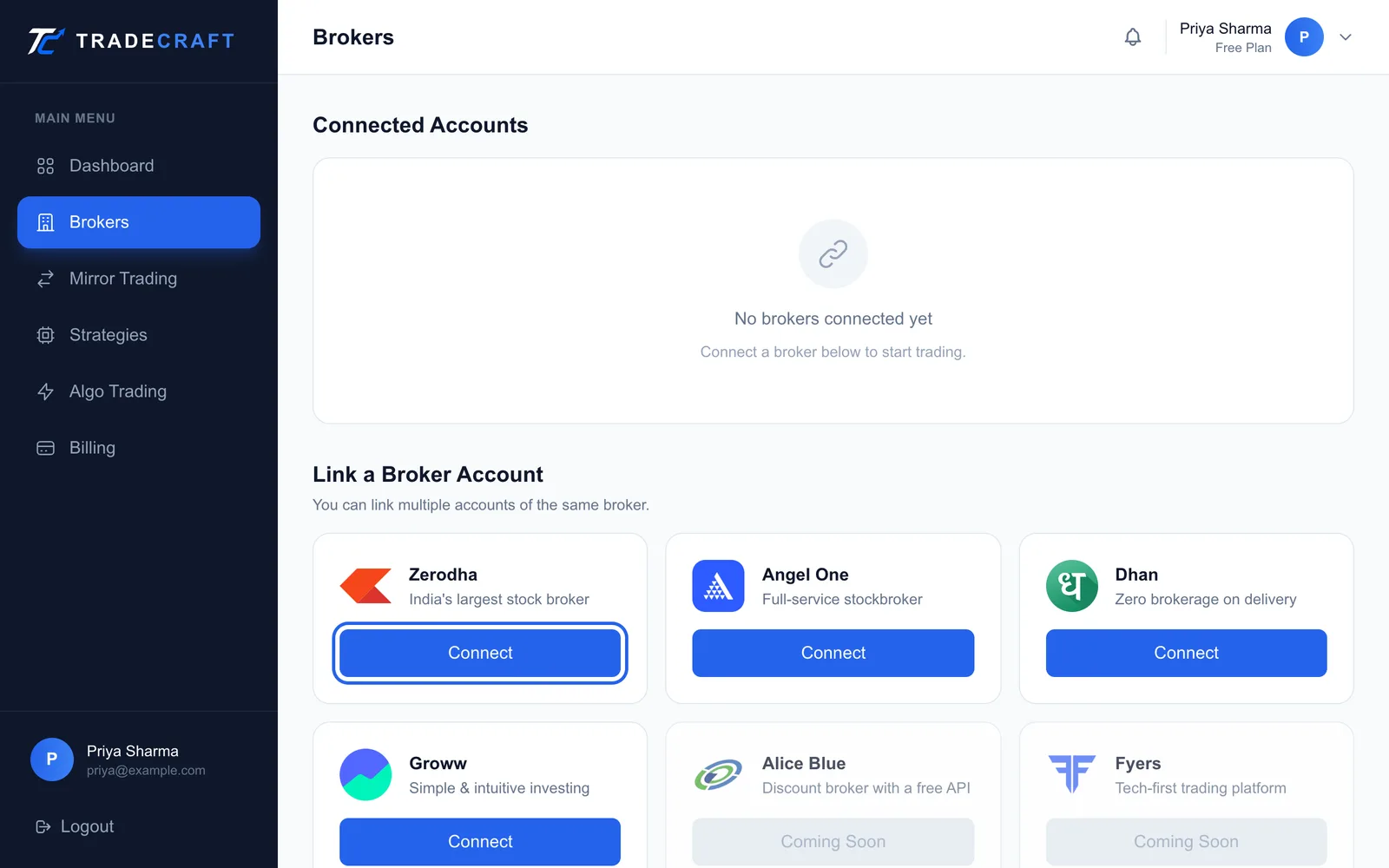 TradeCraft Brokers page with the Connect button on the Zerodha card highlighted
