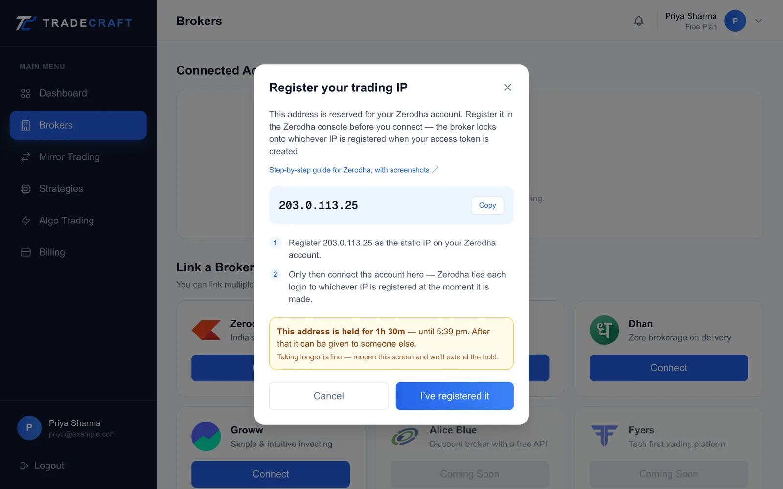 The Register your trading IP window showing a reserved IP address with a copy button